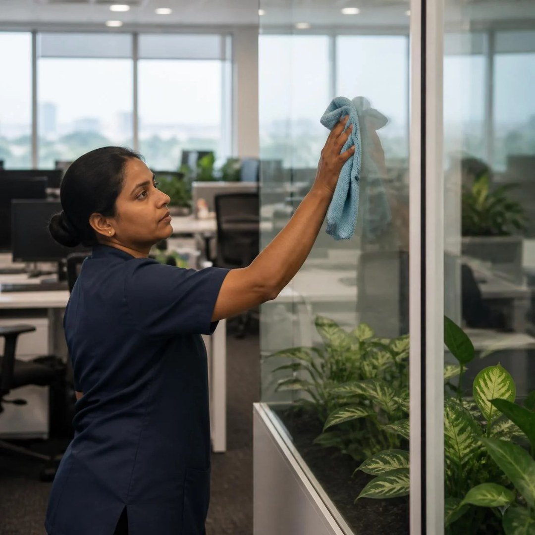 Housekeeping staff member cleaning a glass partition in a modern Bangalore office