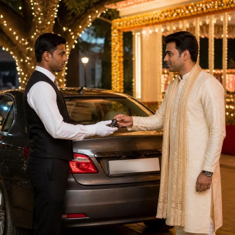 Valet attendant in uniform receiving car keys from a guest at a decorated wedding venue entrance in Bangalore